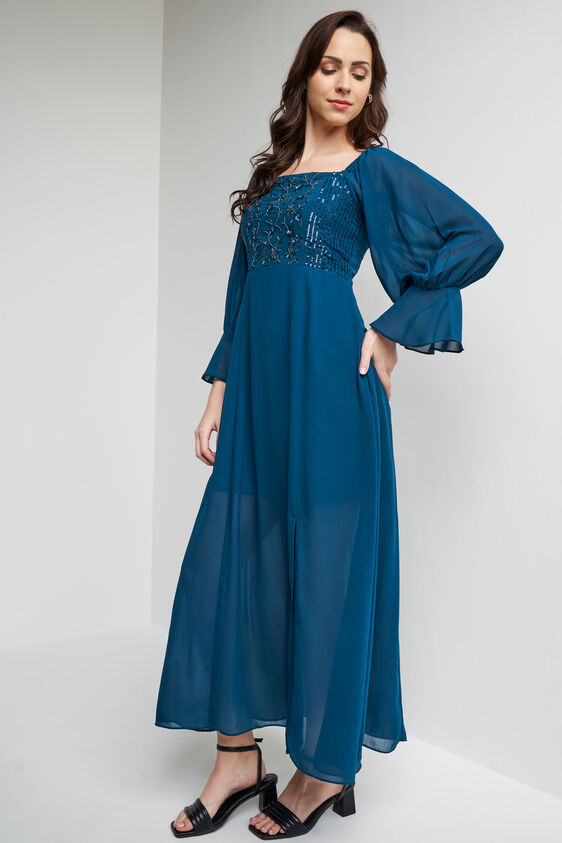 Teal Solid Flared Gown, Teal, image 1